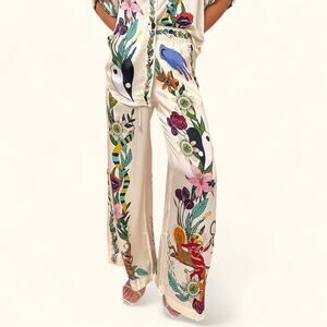Like My Choice Satin Unique Print Wide Leg Pants Womens S Elastic Waist Pockets